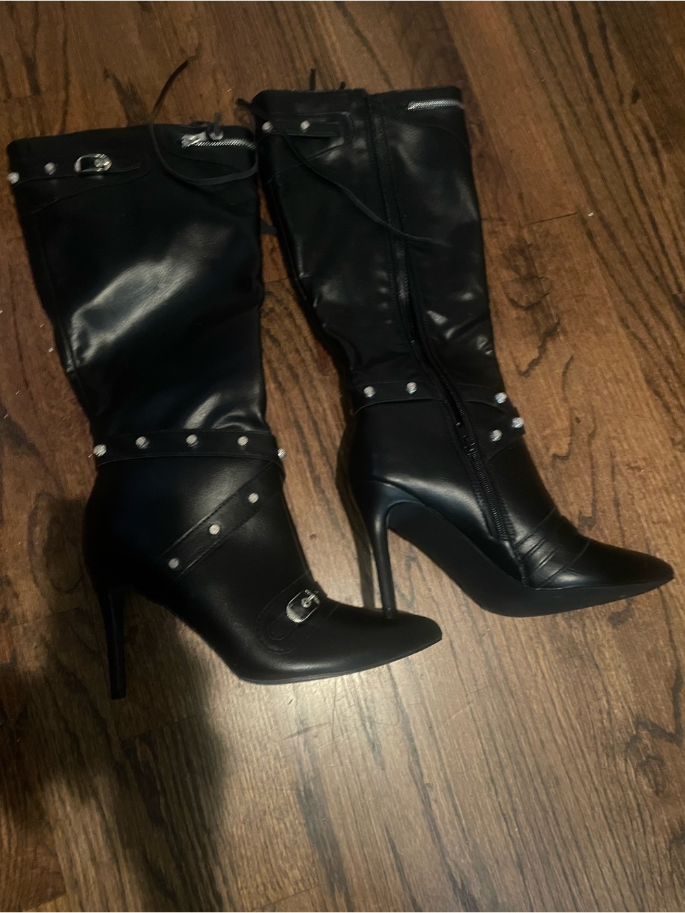 Black Stiletto Knee-High Boots with Silver Studs & Buckles – Size 10